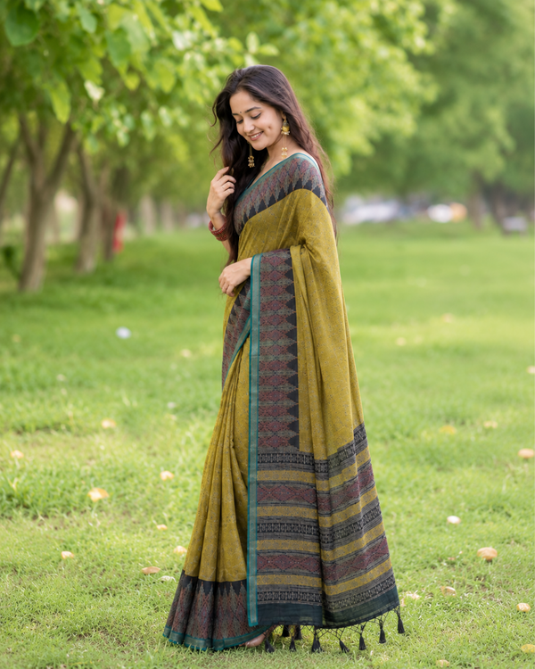 Antique Olive Mustard Ikat Weave Premium Silk Saree