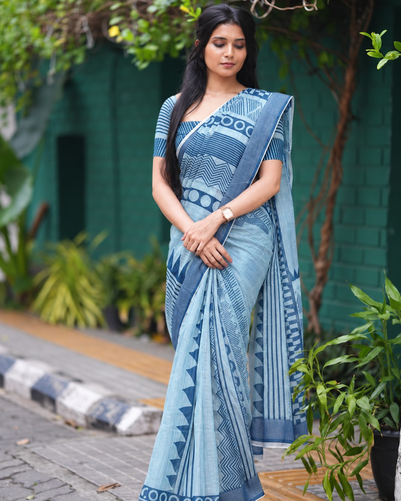 Sky Blue Elephant Motif Chanderi Saree