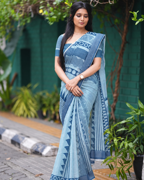 Sky Blue Elephant Motif Chanderi Saree