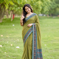 Antique Olive Gold Peacock Blue Border Premium Silk Saree