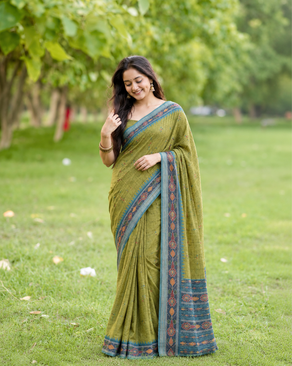 Antique Olive Gold Peacock Blue Border Premium Silk Saree