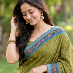 Antique Olive Gold Peacock Blue Border Premium Silk Saree