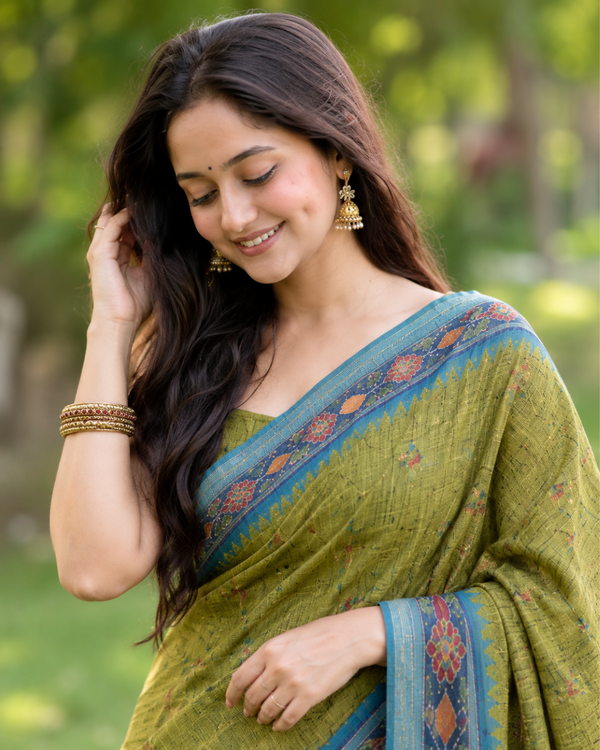 Antique Olive Gold Peacock Blue Border Premium Silk Saree