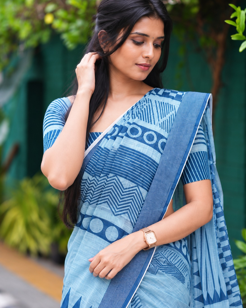 Sky Blue Elephant Motif Chanderi Saree