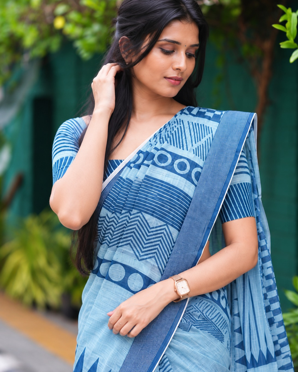 Sky Blue Elephant Motif Chanderi Saree