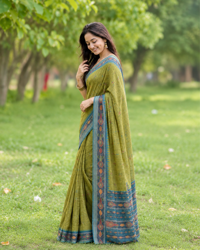 Antique Olive Gold Peacock Blue Border Premium Silk Saree