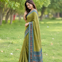 Antique Olive Gold Peacock Blue Border Premium Silk Saree