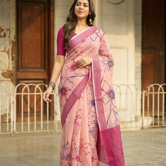 Blush Peach Hibiscus Sketch Chanderi Saree