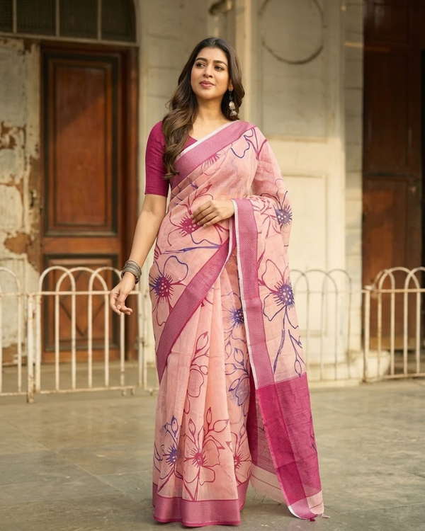 Blush Peach Hibiscus Sketch Chanderi Saree