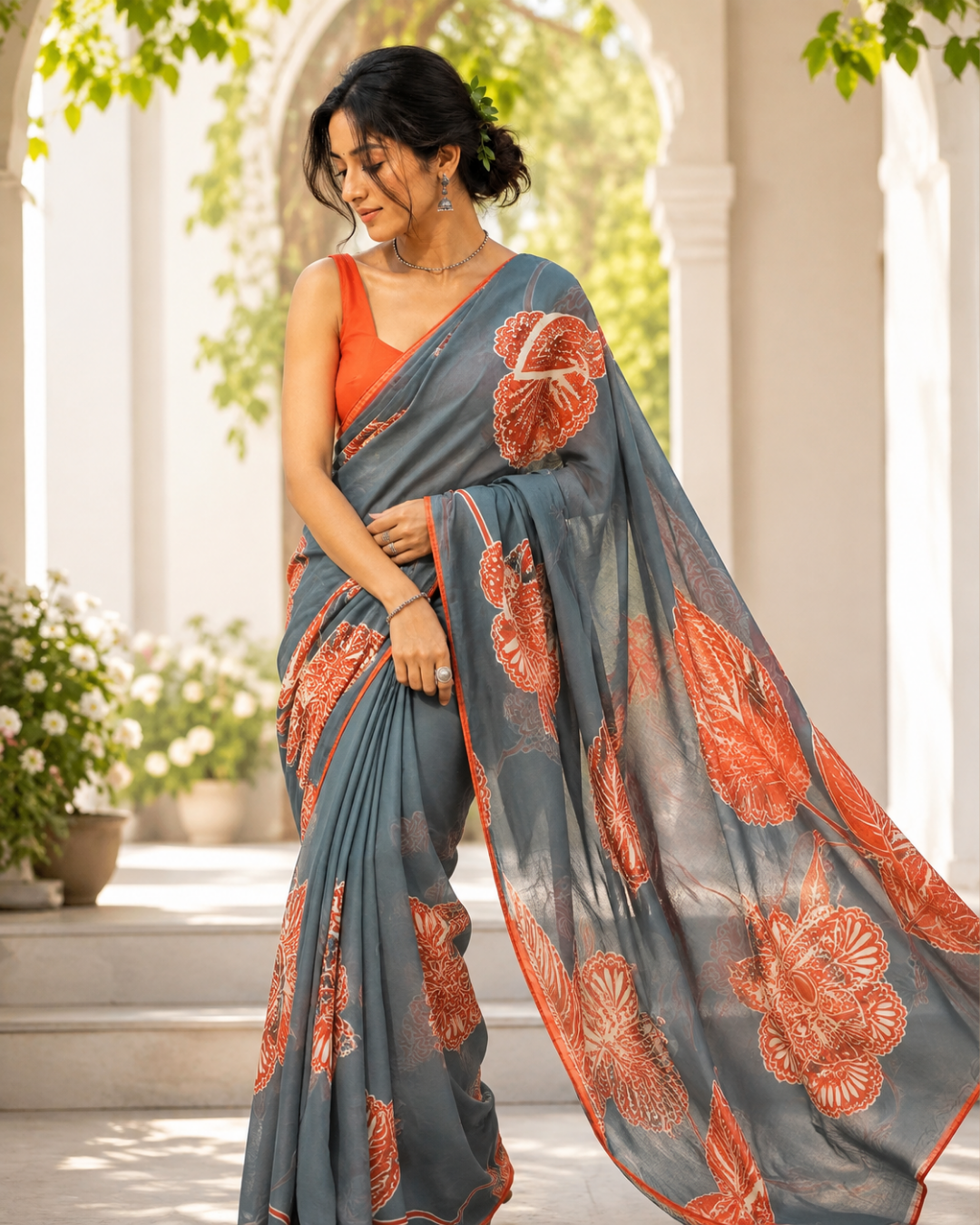 Rust Bloom Georgette Saree