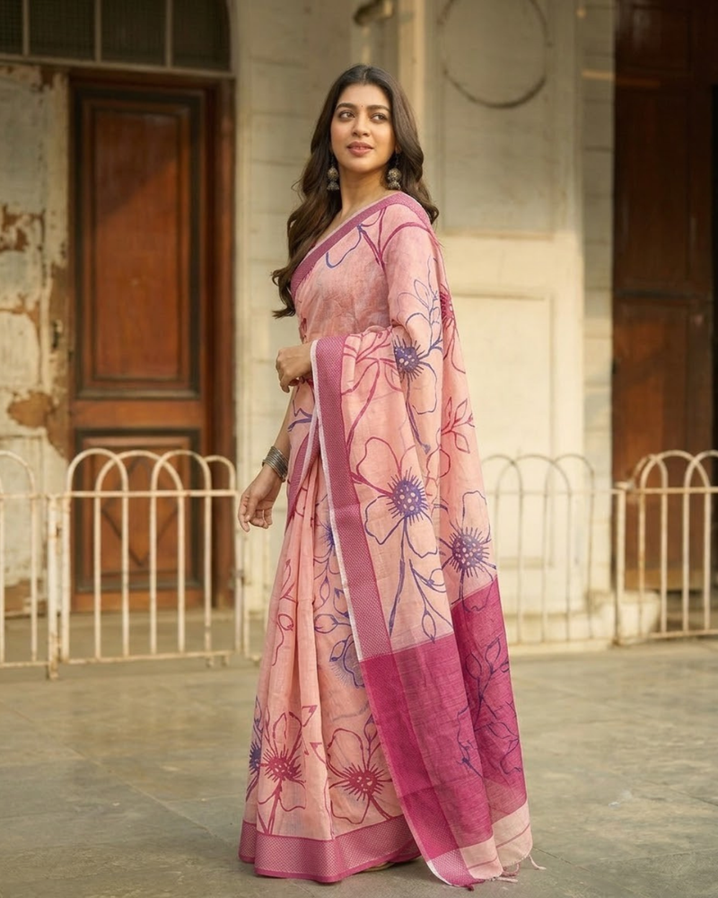 Blush Peach Hibiscus Sketch Chanderi Saree