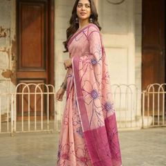 Blush Peach Hibiscus Sketch Chanderi Saree