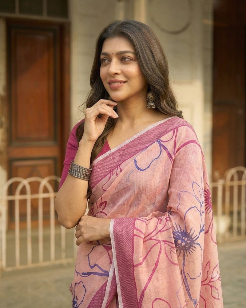 Blush Peach Hibiscus Sketch Chanderi Saree