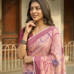 Blush Peach Hibiscus Sketch Chanderi Saree