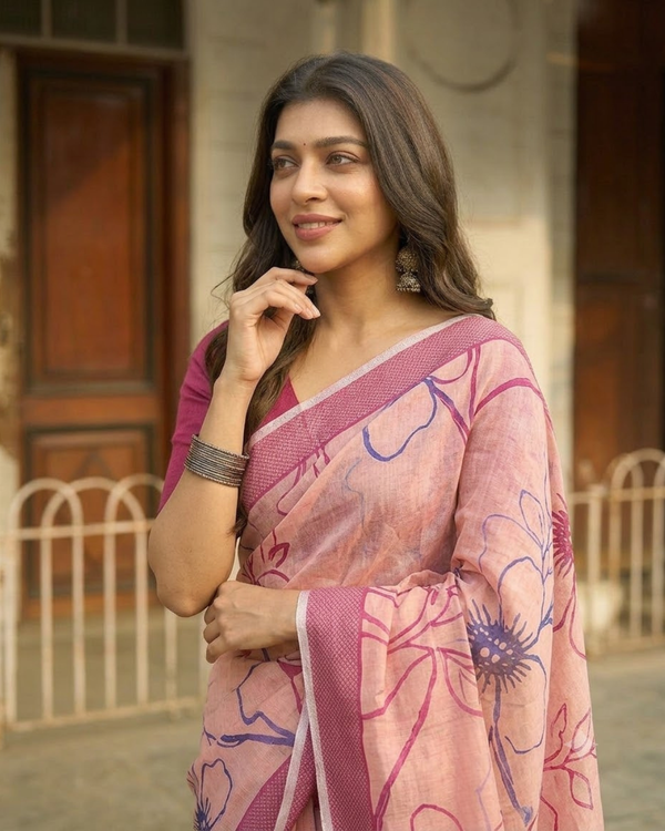 Blush Peach Hibiscus Sketch Chanderi Saree