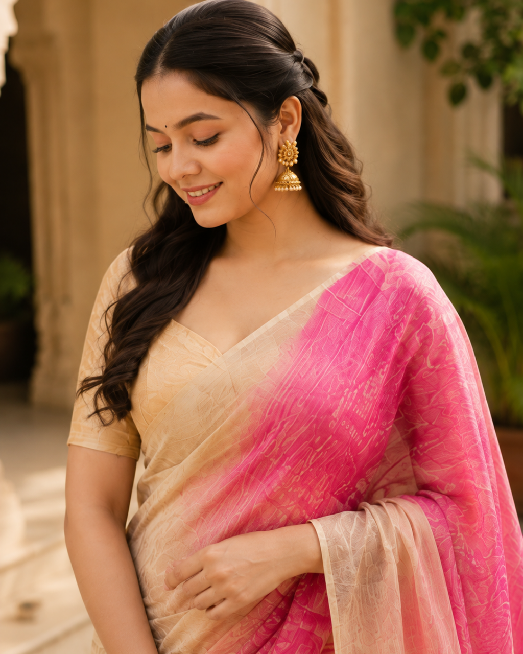 Blush Pink & Ivory Georgette Saree