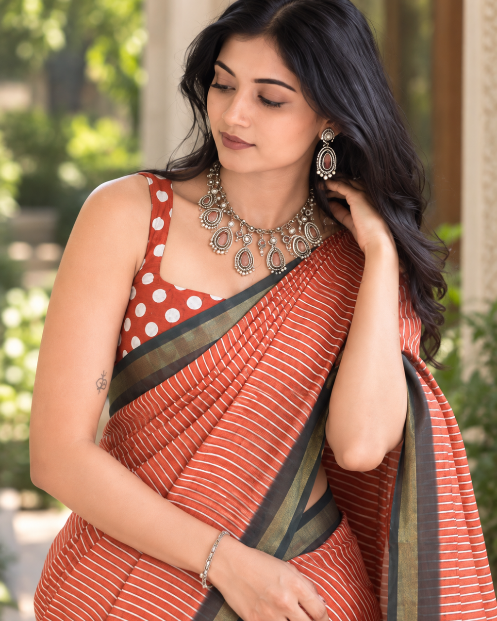 Rust Terracotta Linear Stripe Chanderi Saree