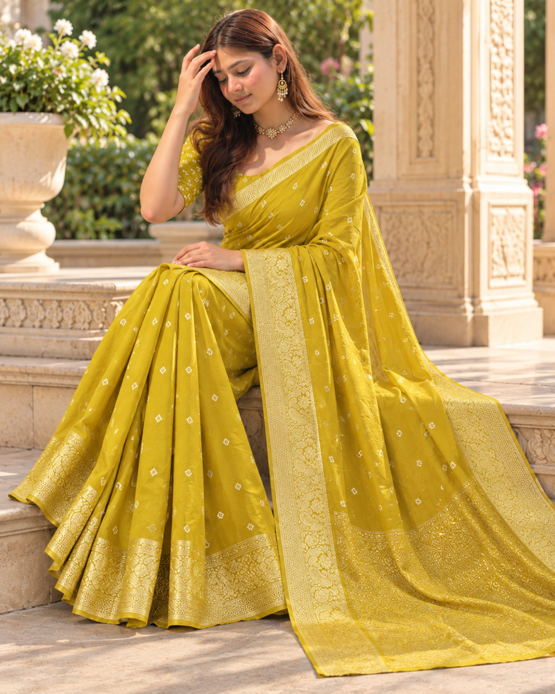 Bright Mustard Gold Bandhani Brocade Premium Silk Saree