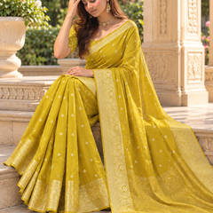 Bright Mustard Gold Bandhani Brocade Premium Silk Saree