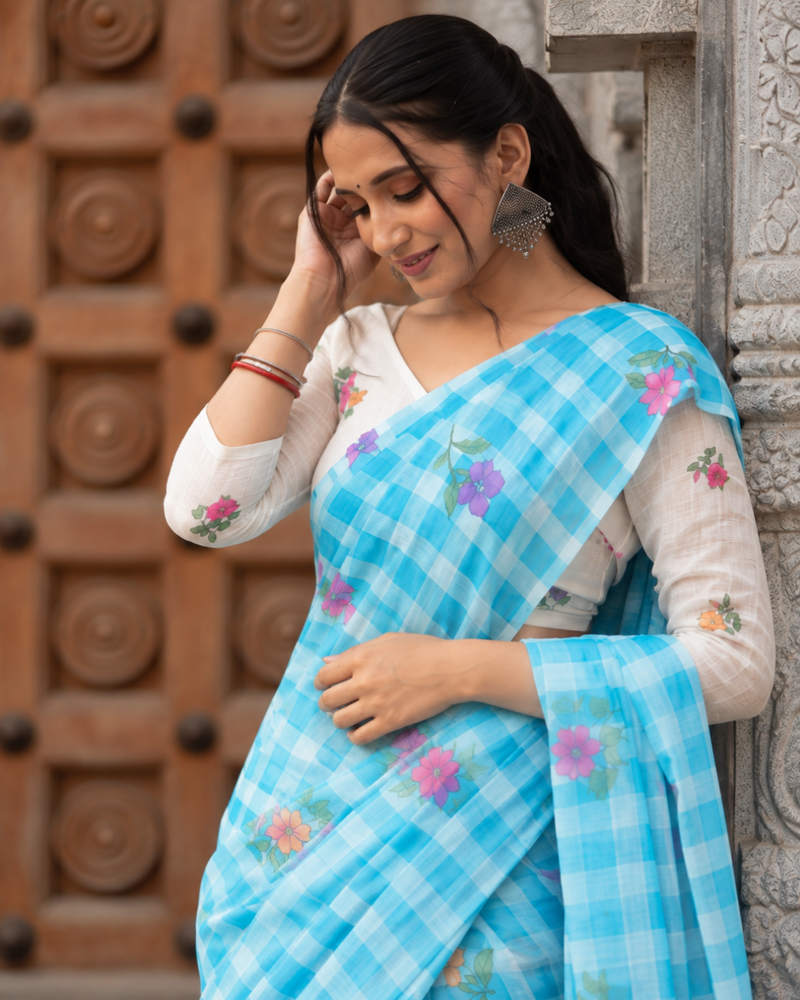 Aqua Blue Gingham Check Floral Linen Saree