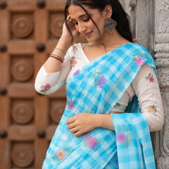 Aqua Blue Gingham Check Floral Linen Saree