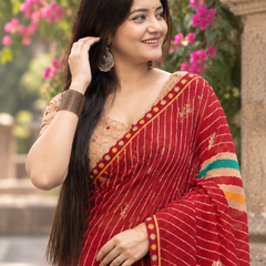 Crimson Red Zari Pinstripe Bandhani Saree