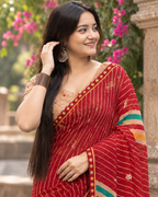 Crimson Red Zari Pinstripe Bandhani Saree
