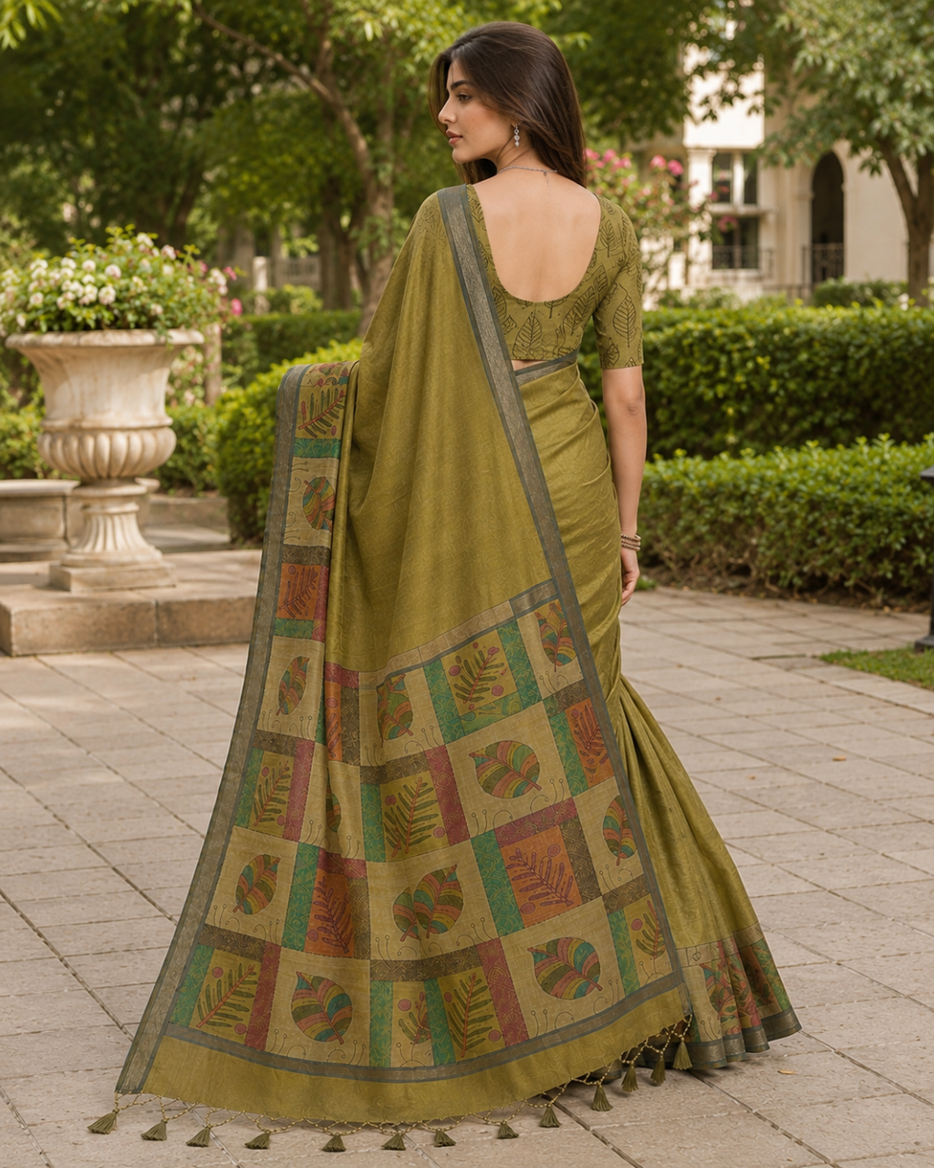 Olive Moss Green Folk Botanical Tile Premium Silk Saree