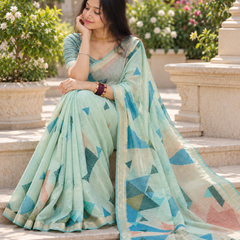 Mint Green Pastel Geometric Prism Premium Silk Saree