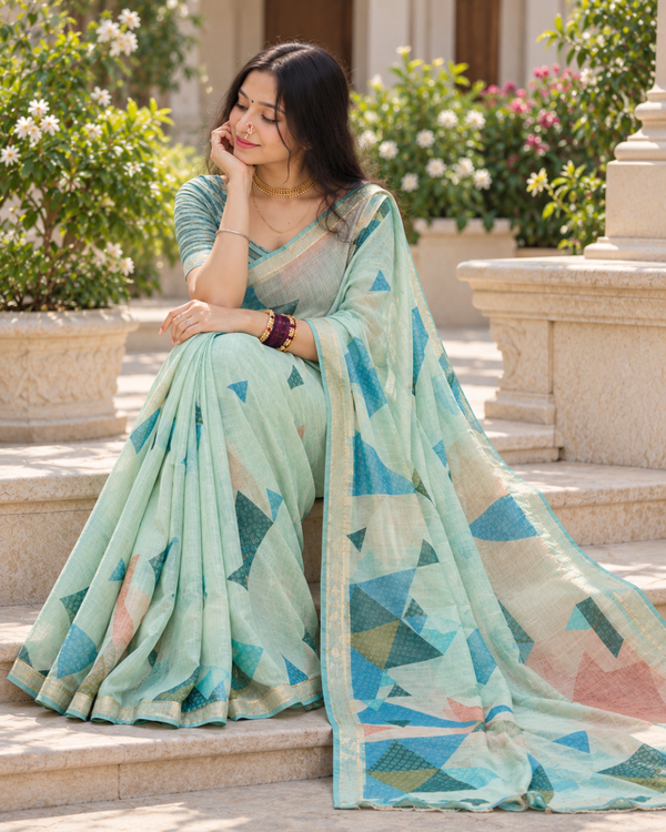 Mint Green Pastel Geometric Prism Premium Silk Saree