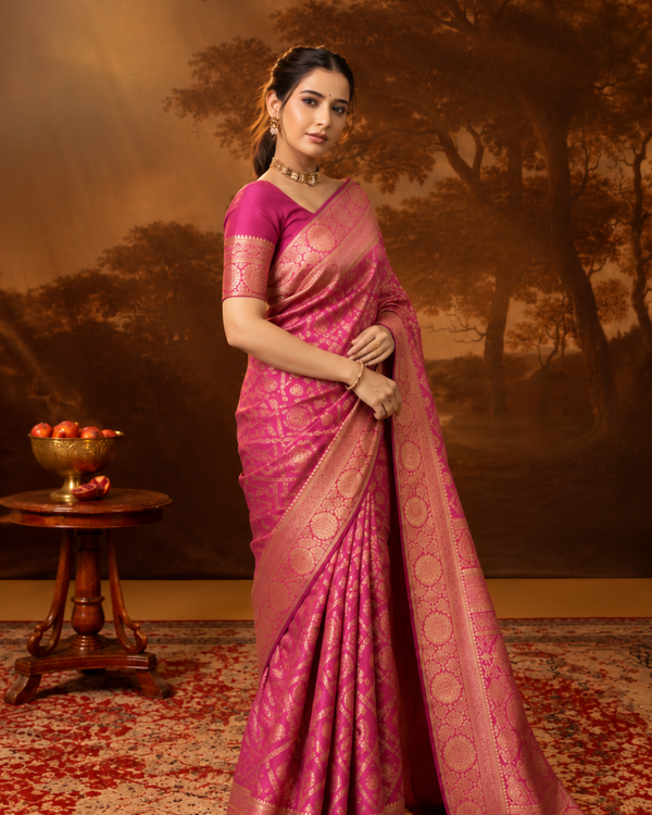 Magenta Pink Geometric Brocade Silk Saree