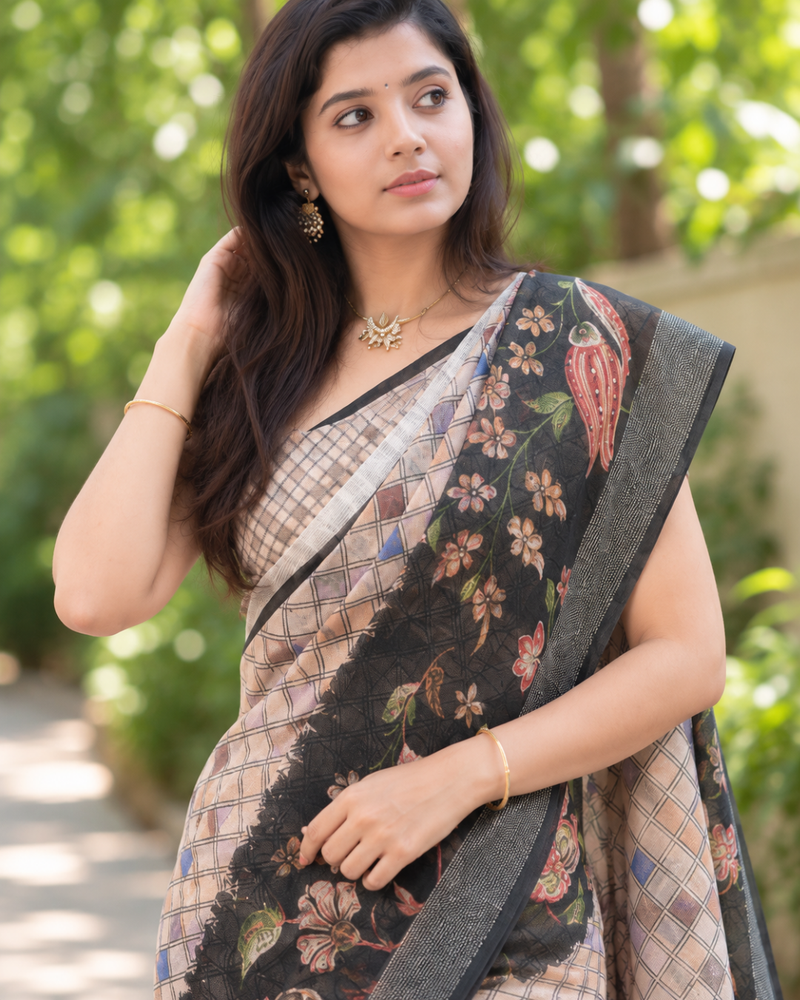Beige Kalamkari Border Chanderi Saree
