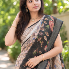 Beige Kalamkari Border Chanderi Saree