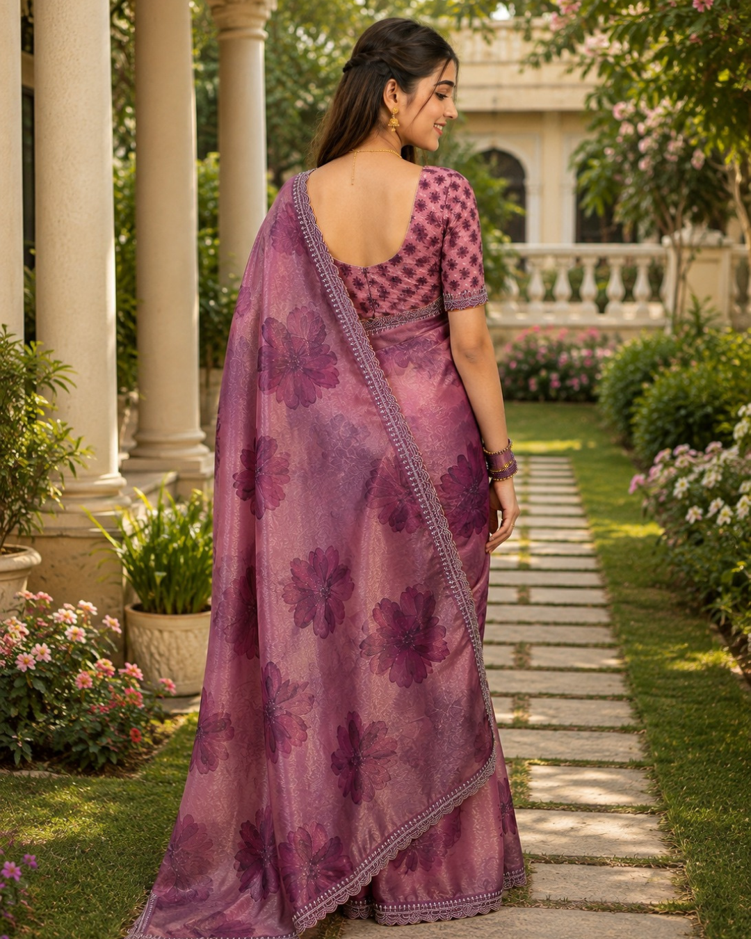 Mauve Purple Watercolor Floral Fandy Silk Saree