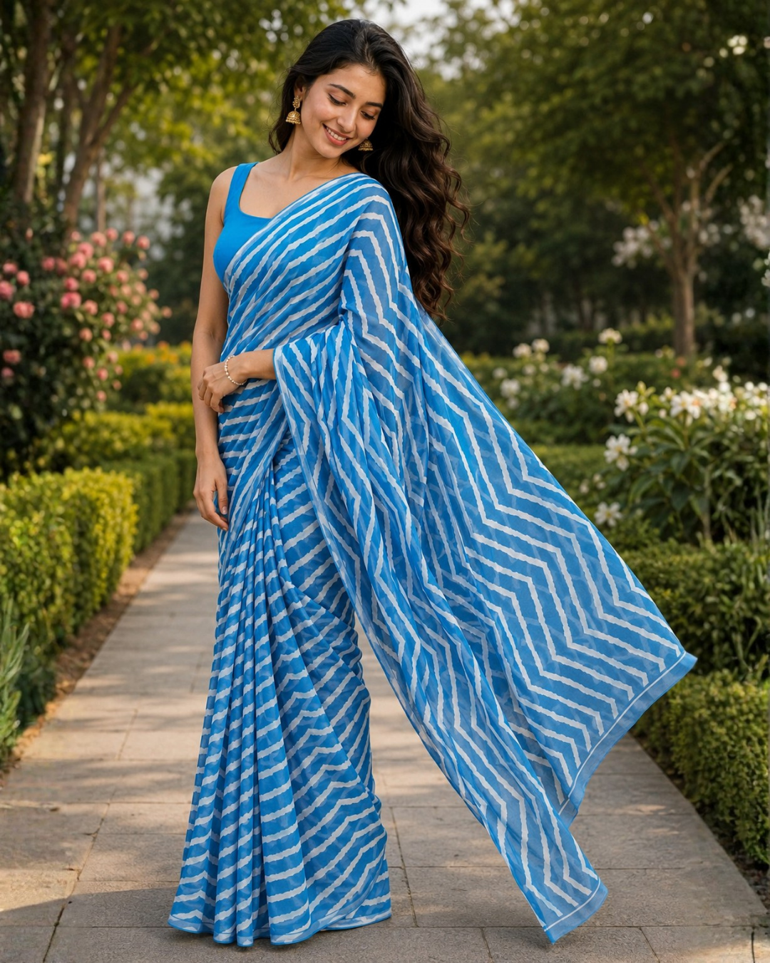 Azure Blue Chevron Georgette Saree
