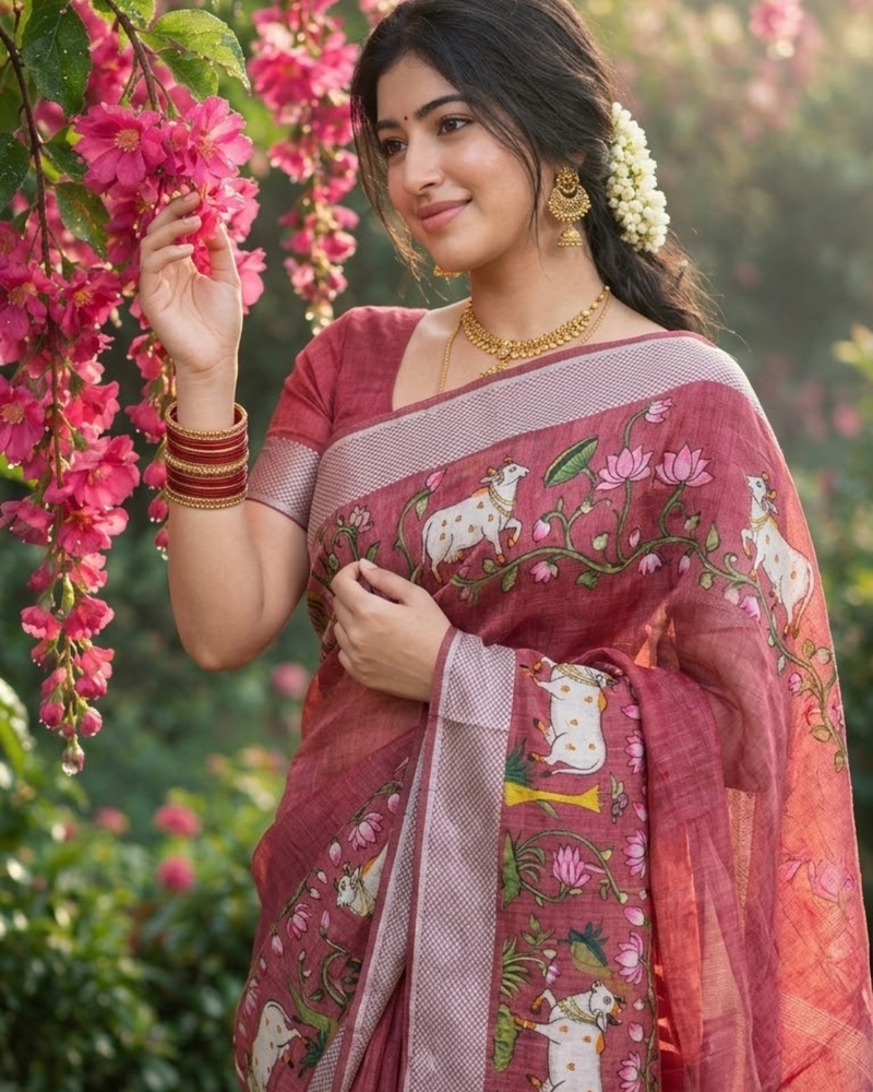 Dusty Rose Garden Sketch Chanderi Saree
