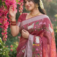 Dusty Rose Garden Sketch Chanderi Saree