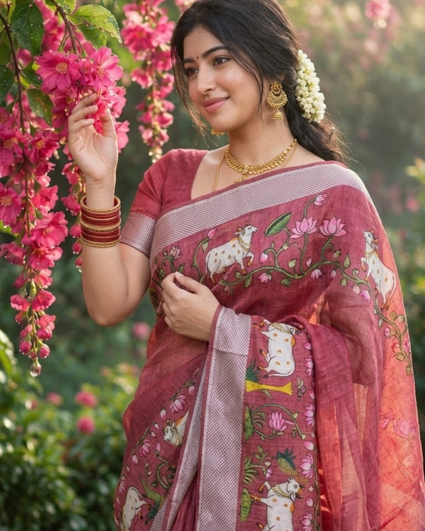 Dusty Rose Garden Sketch Chanderi Saree