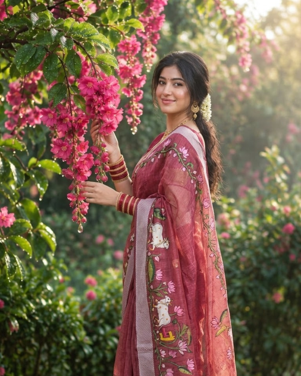 Dusty Rose Garden Sketch Chanderi Saree