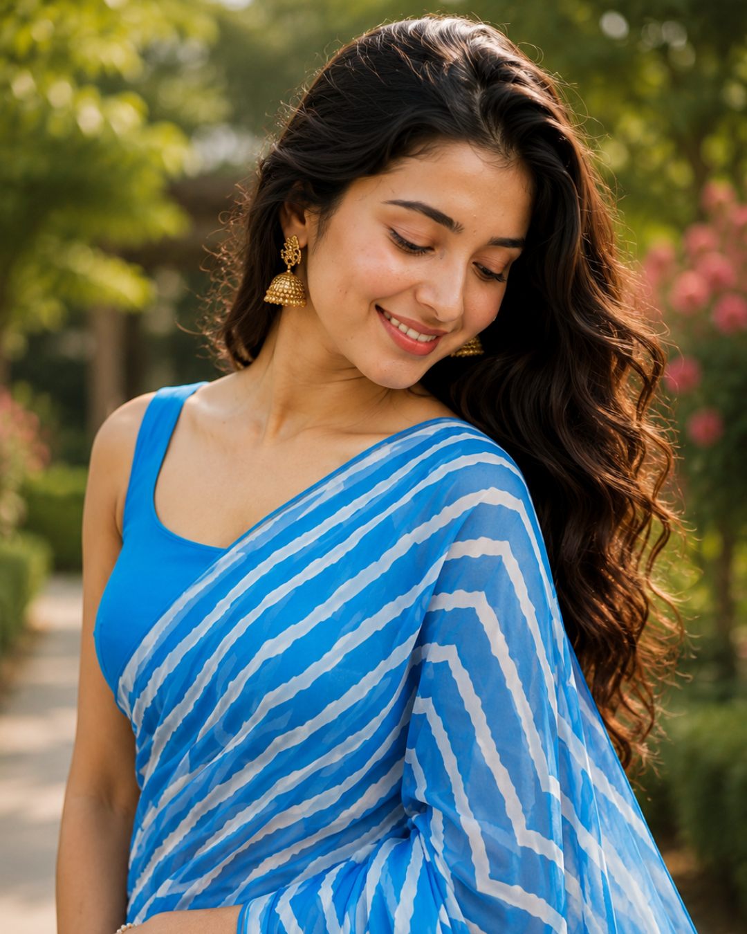 Azure Blue Chevron Georgette Saree