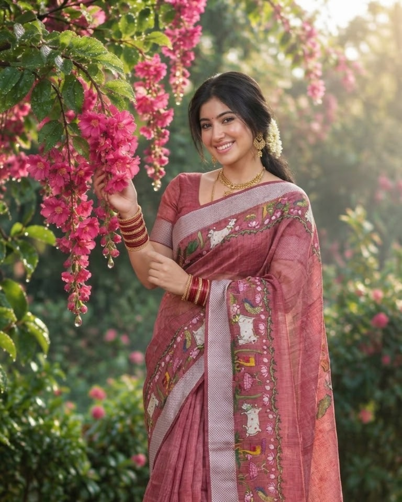 Dusty Rose Garden Sketch Chanderi Saree