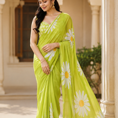 Lime Daisy Georgette Saree