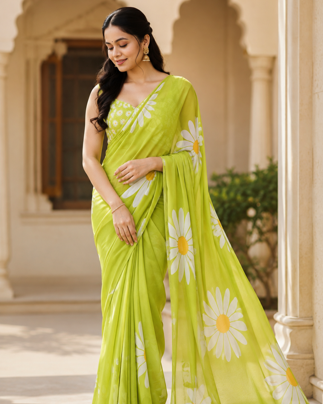 Lime Daisy Georgette Saree