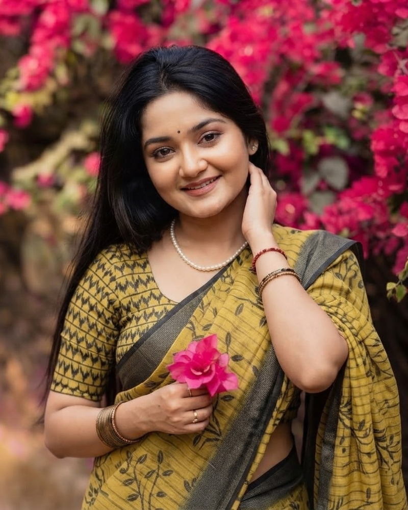 Mustard Botanical Branch Chanderi Saree