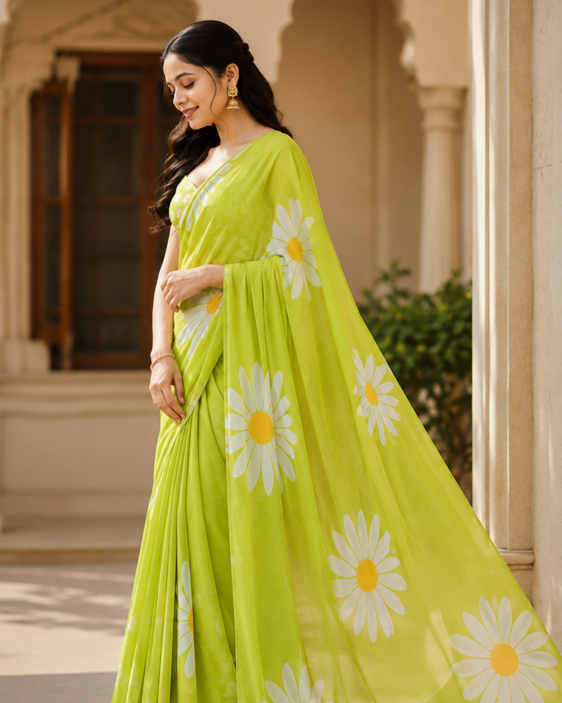 Lime Daisy Georgette Saree