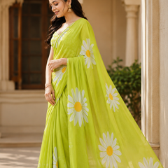 Lime Daisy Georgette Saree