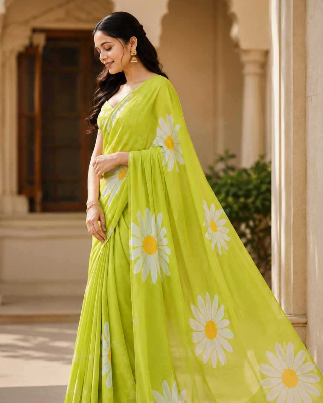 Lime Daisy Georgette Saree
