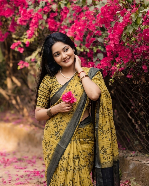 Mustard Botanical Branch Chanderi Saree