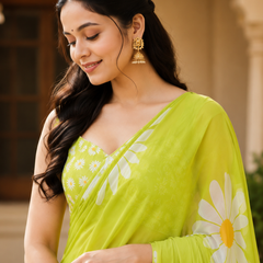 Lime Daisy Georgette Saree