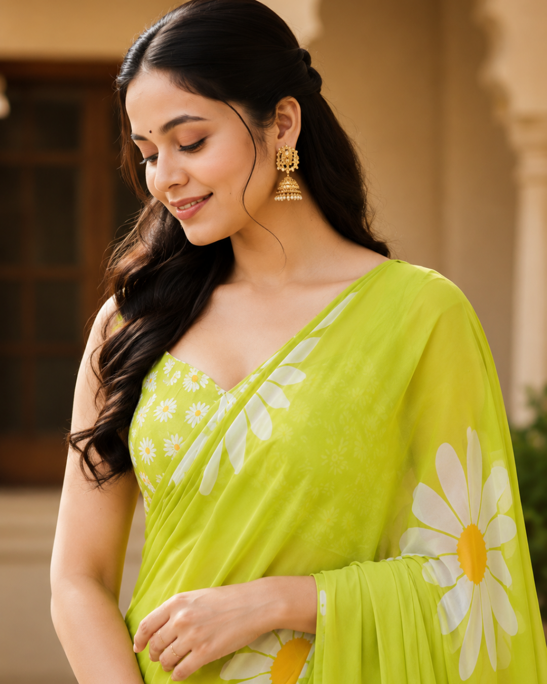 Lime Daisy Georgette Saree
